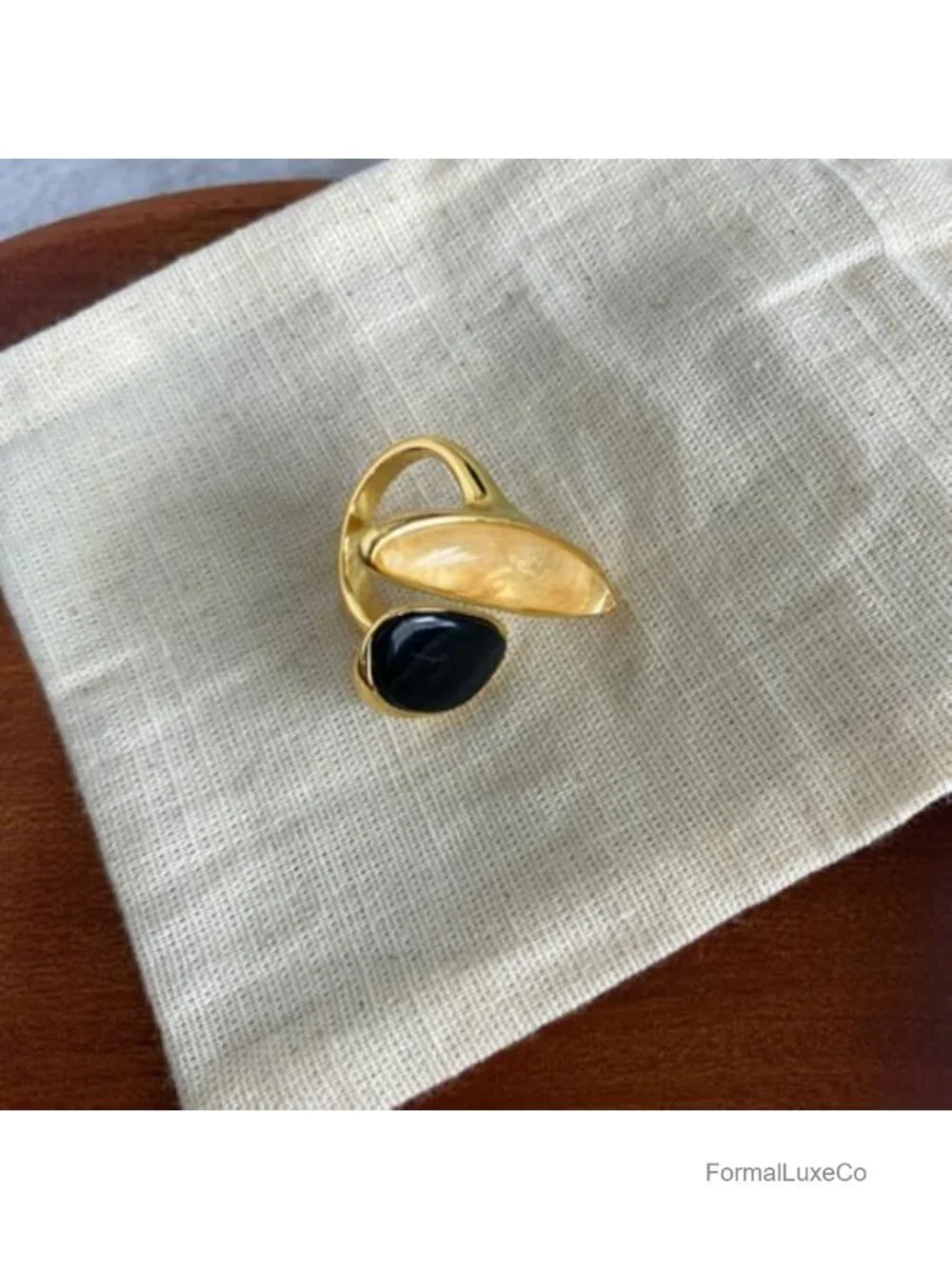 Black Agate Adjustable Open Wrap Ring Gold-Tone Plated Stackable Statement
